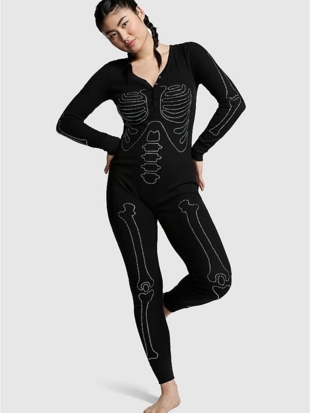 PINK Victoria’s Secret Rhinestone Skeleton Thermal Onesie Jumpsuit L